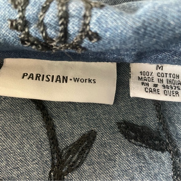 Parisian Works Embroidered Button Front Jean Shirt Shacket Blue Size Medium - Picture 8 of 10